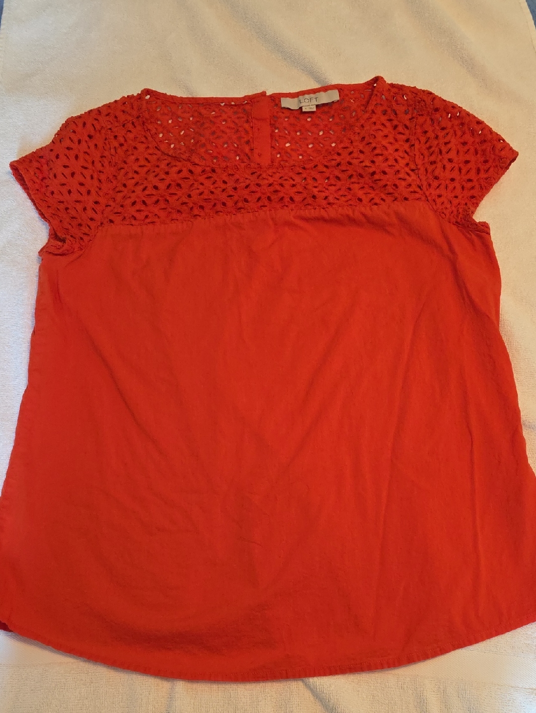 Loft Medium Orange Eyelet Lace Top Short Sleeve Blouse